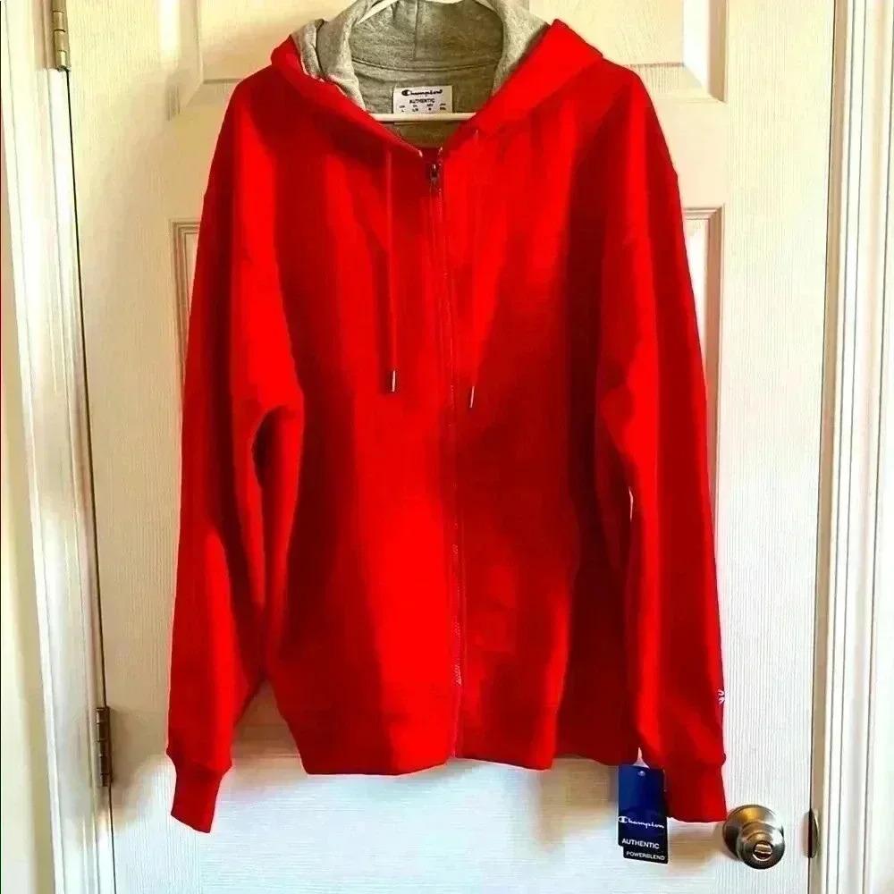 ChAMPION MENS POWERBLEND HOODIE size large color red with zipper front NWT